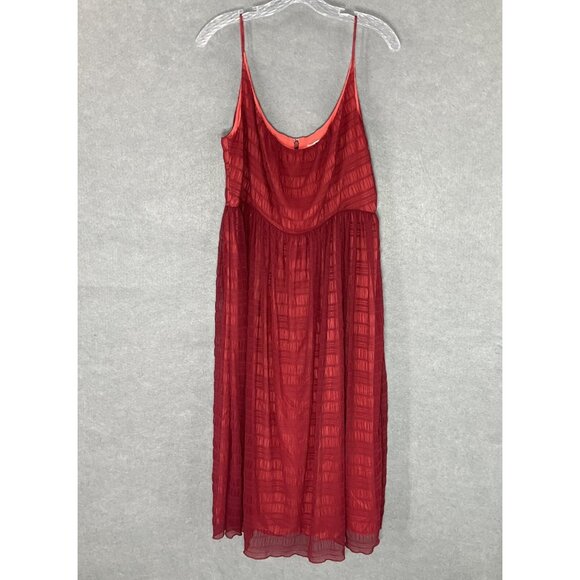 Fossil Sundress Women Sz 12 Cherry Red Sheer‎ Lined Zipper Pleated Maxi Sundress - Picture 1 of 14